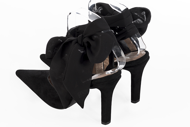 Matt black women's open back shoes, with an ankle scarf. Pointed toe. Very high slim heel. Rear view - Florence KOOIJMAN